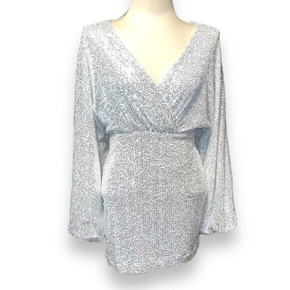Showpo. Erine Mini Dress Long Sleeve Sequin Dress Silver 4 - Picture 6 of 12